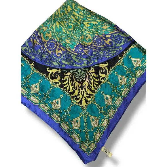 Vintage Georgiou Blue & Green Silk Scarf -  33" square - Picture 5 of 7